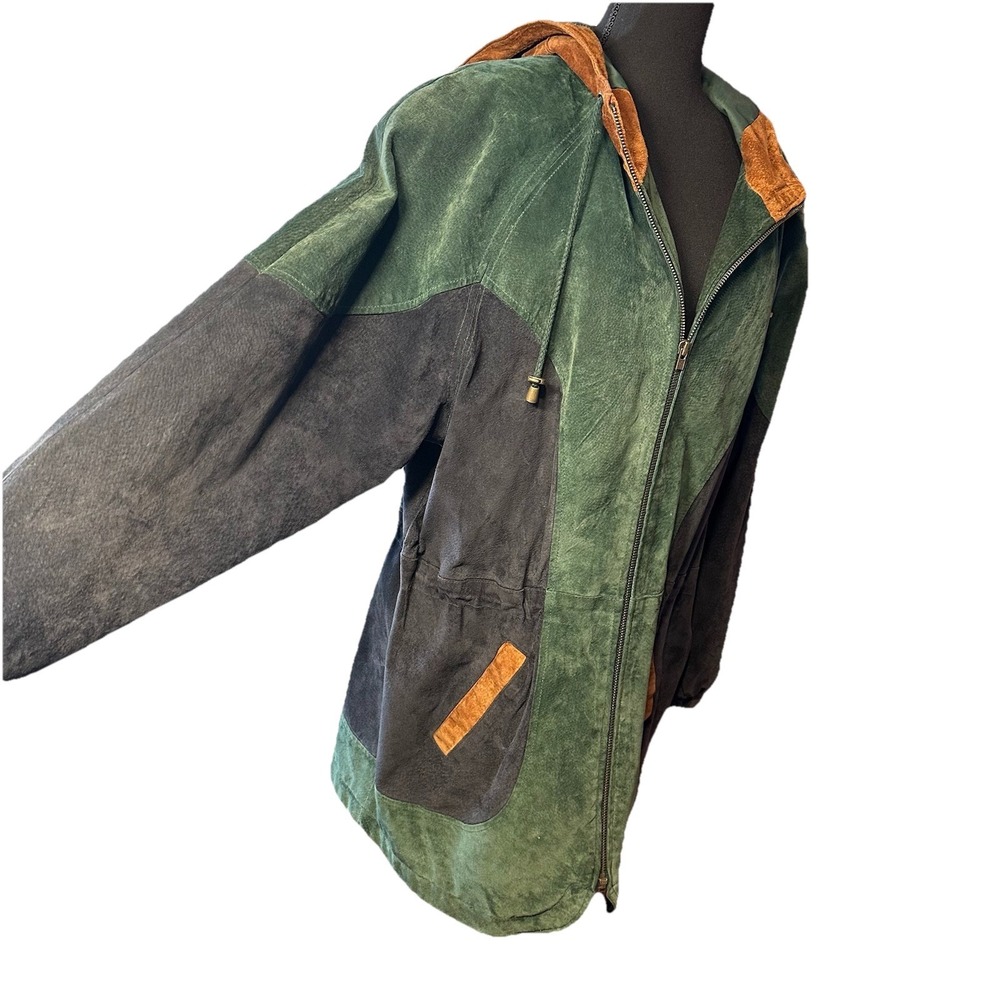 Vtg Preston & York Suede Leather Jacket LG Hooded Colorblock Drawstring Waist - Picture 5 of 16